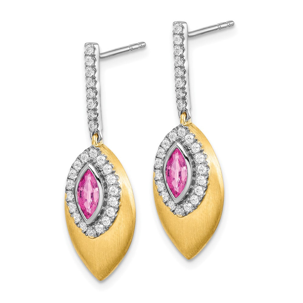 14K Gelbgold Zweifarbige Ohrhänger mit synthetischem Pink-Saphir und echtem Diamant