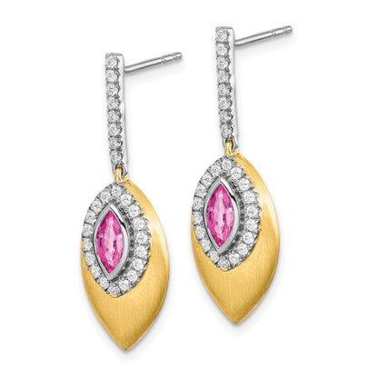 14K Gelbgold Zweifarbige Ohrhänger mit synthetischem Pink-Saphir und echtem Diamant
