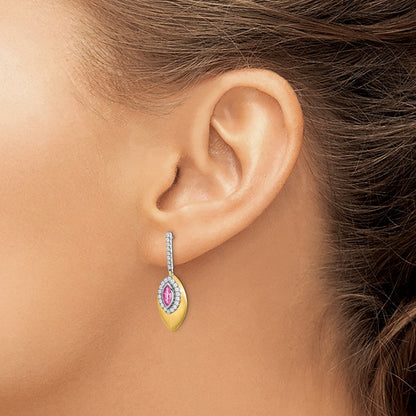 14K Gelbgold Zweifarbige Ohrhänger mit synthetischem Pink-Saphir und echtem Diamant