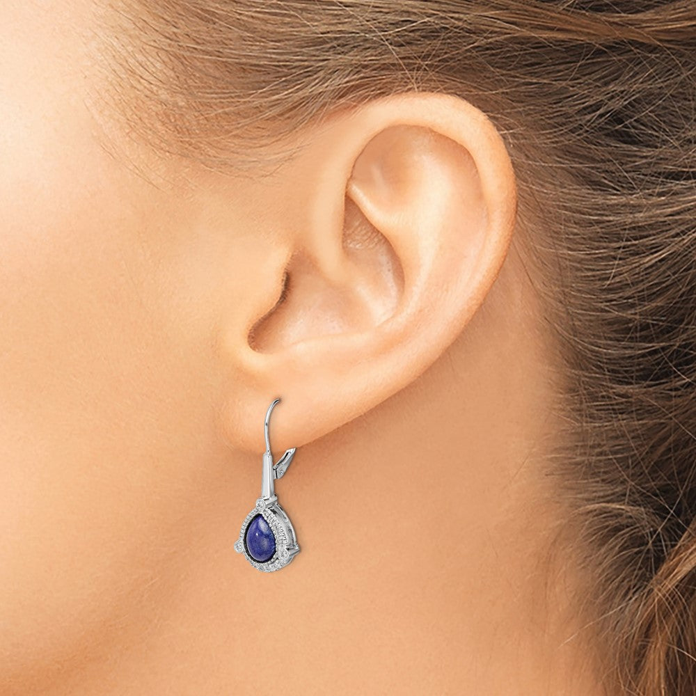 14K Weißgold Ohrhänger mit Lapislazuli im Birnenschliff und echten Diamanten mit Leverback-Verschluss