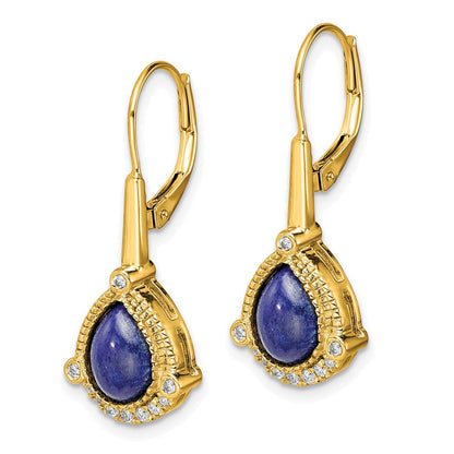 14K Gelbgold Ohrringe mit birnenförmigem Lapislazuli und echten Diamanten mit Leverback-Verschluss