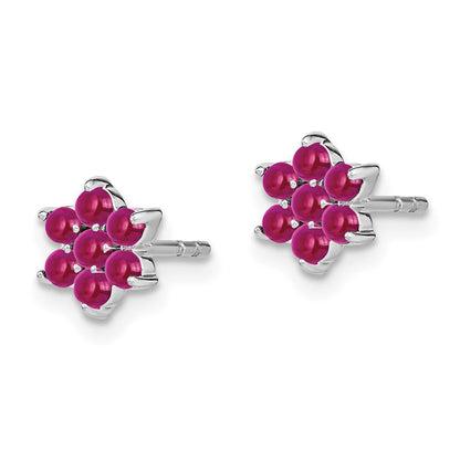 Massiv 14K Weißgold Synthetisch Rubin Blumen Ohrstecker