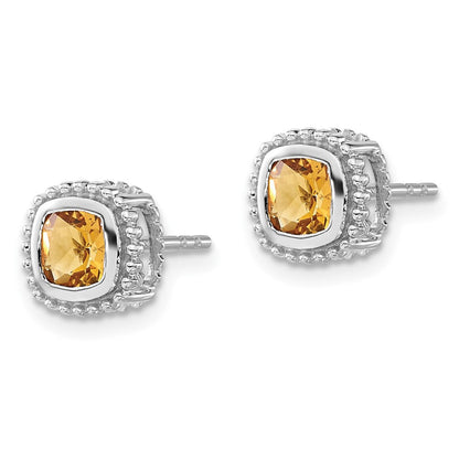 Massiv 14K Weißgold Kissen Synthetisch Citrin Ohrringe