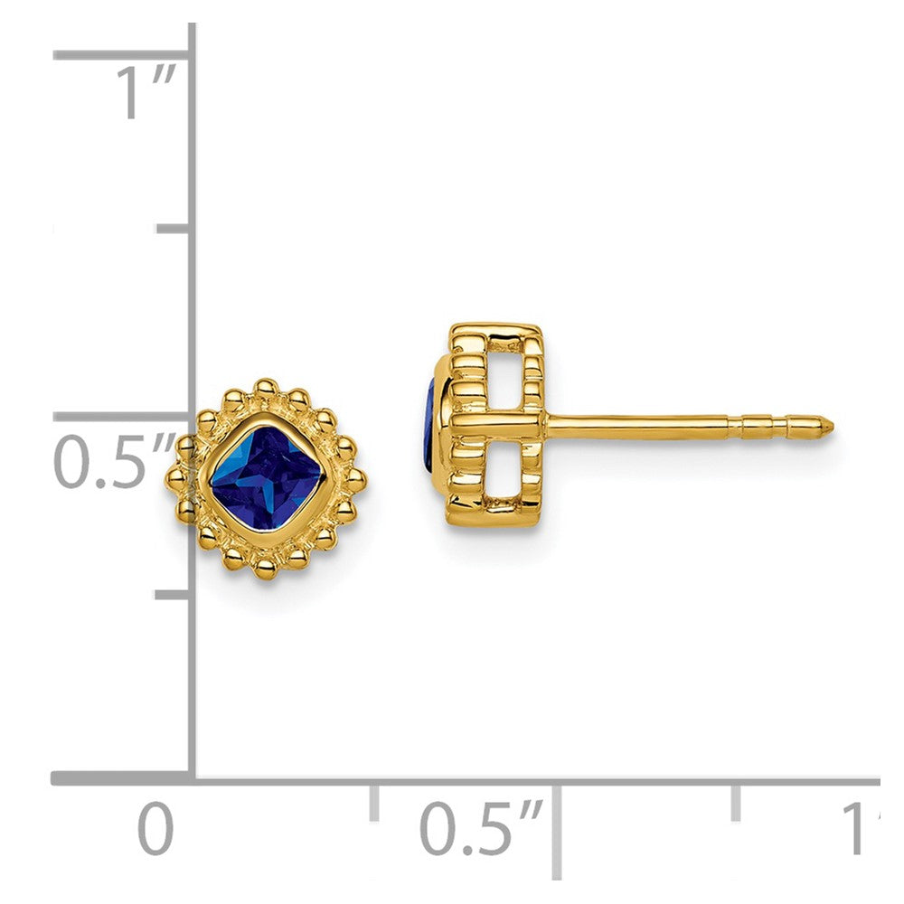 Massiv 14K Gelbgold Kissen Synthetisch Saphir Ohrringe