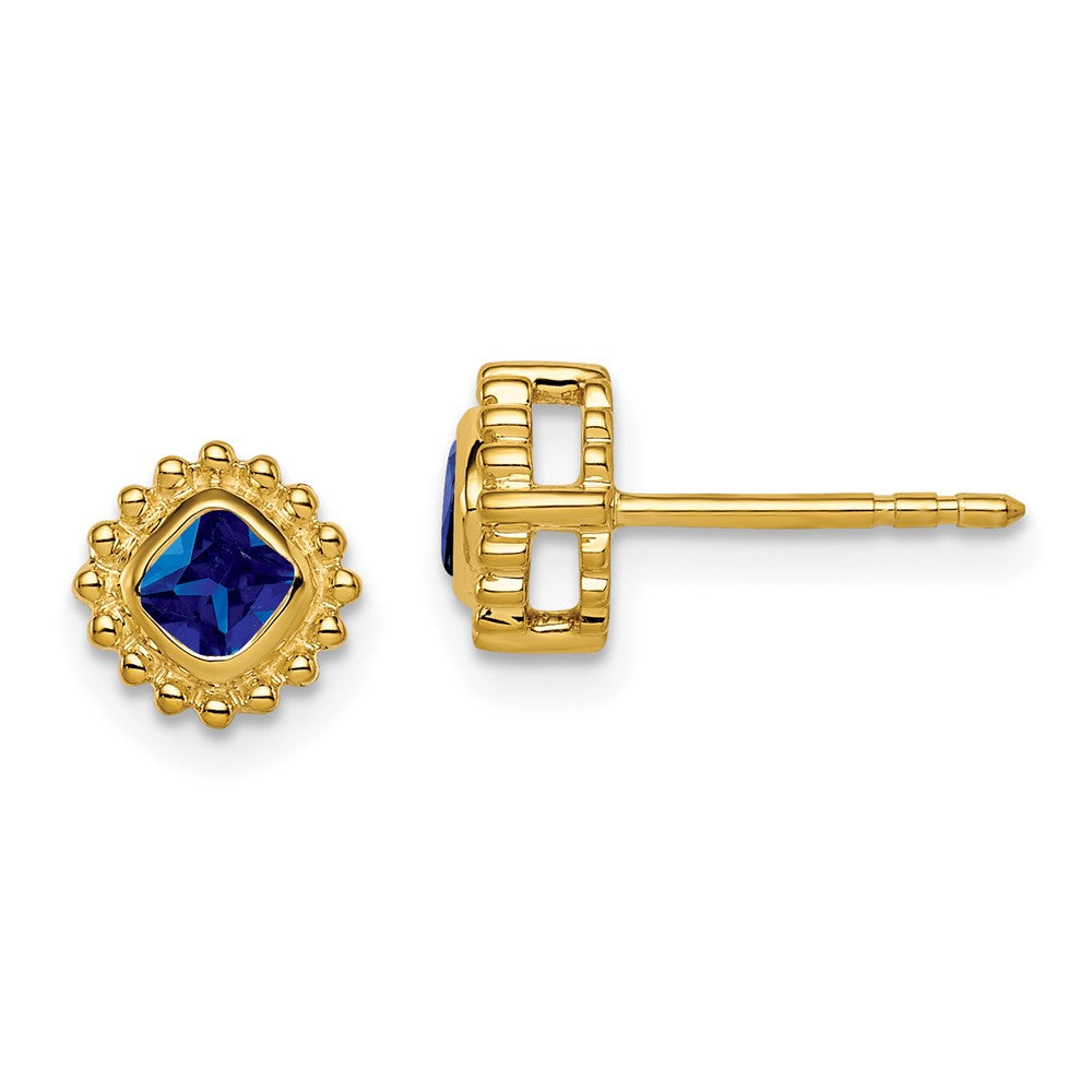 Massiv 14K Gelbgold Kissen Synthetisch Saphir Ohrringe