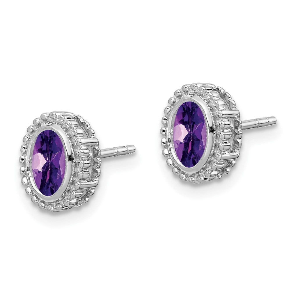 Massiv 14K Weißgold Oval Synthetisch Amethyst Ohrstecker