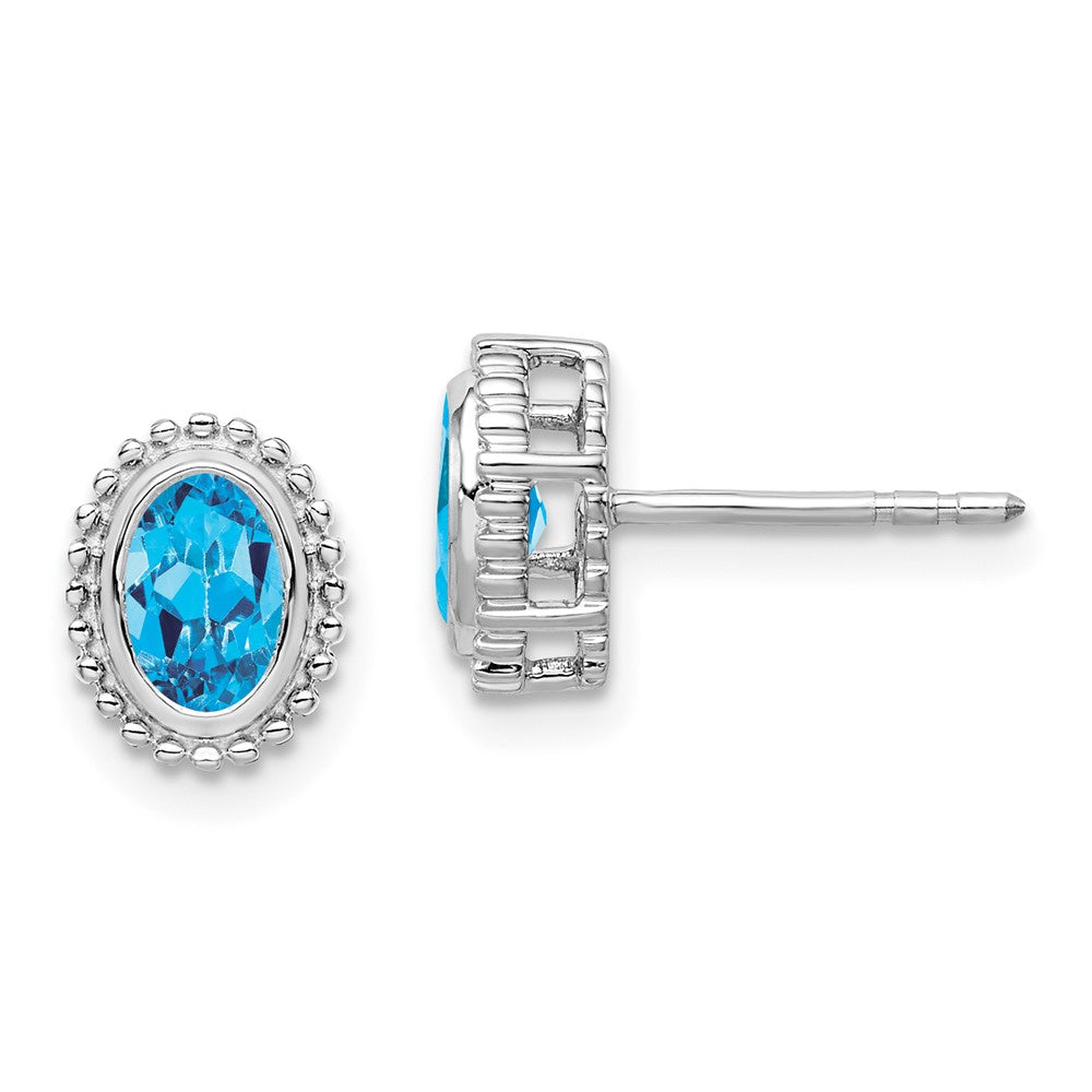 Massiv 14K Weißgold Oval Synthetisch Blautopas Ohrstecker