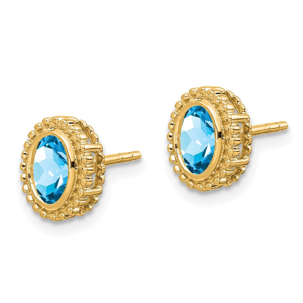 Massiv 14K Gelbgold Oval Synthetisch Blautopas Ohrstecker