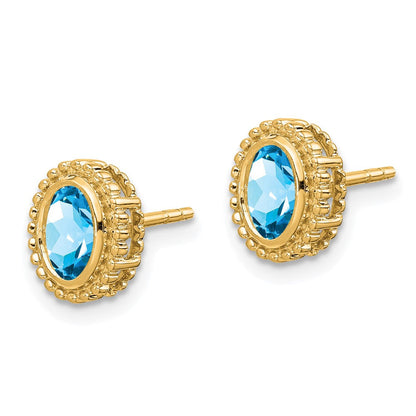 Massiv 14K Gelbgold Oval Synthetisch Blautopas Ohrstecker