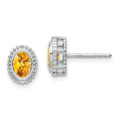 Massiv 14K Weißgold Oval Synthetisch Citrin Ohrstecker