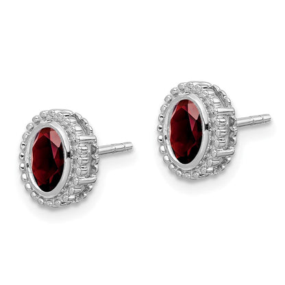 Massiv 14K Weißgold Oval Synthetisch Granat Ohrstecker