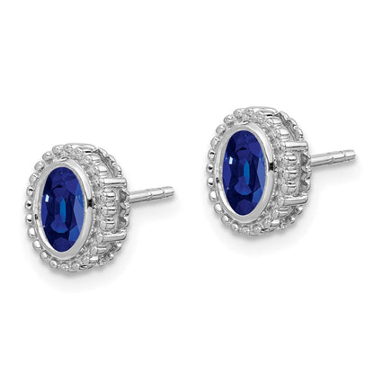 Massiv 14K Weißgold Oval Synthetisch Saphir Ohrstecker