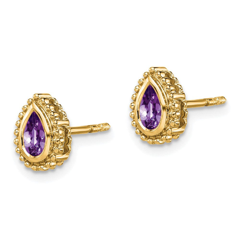 Massiv 14K Gelbgold Tropfen Synthetisch Amethyst Ohrstecker