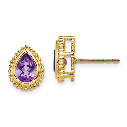 Massiv 14K Gelbgold Tropfen Synthetisch Amethyst Ohrstecker