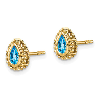 Massiv 14K Gelbgold Tropfen Synthetisch Blautopas Ohrstecker