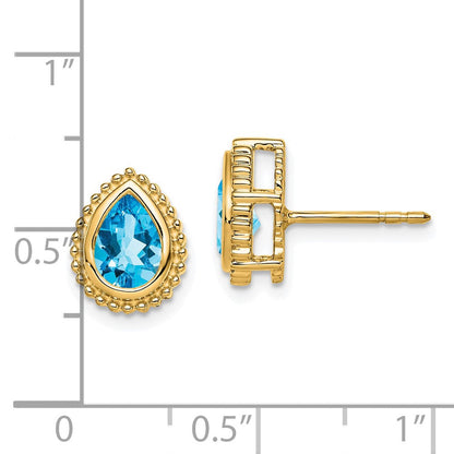 Massiv 14K Gelbgold Tropfen Synthetisch Blautopas Ohrstecker