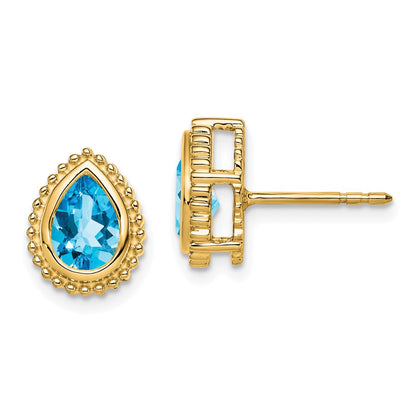 Massiv 14K Gelbgold Tropfen Synthetisch Blautopas Ohrstecker