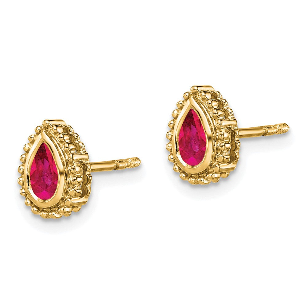 Massiv 14K Gelbgold Tropfen Synthetisch Rubin Ohrstecker