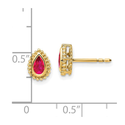 Massiv 14K Gelbgold Tropfen Synthetisch Rubin Ohrstecker