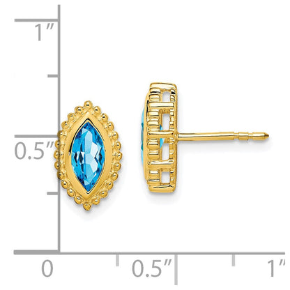 Massiv 14K Gelbgold Marquise Synthetisch Blautopas Ohrstecker