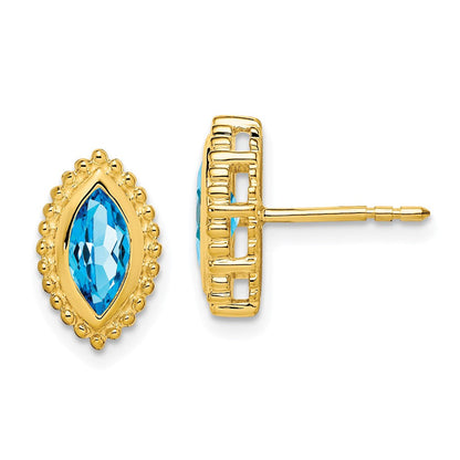 Massiv 14K Gelbgold Marquise Synthetisch Blautopas Ohrstecker