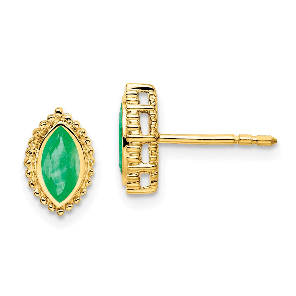 Massiv 14K Gelbgold Marquise Synthetisch Smaragd Ohrstecker