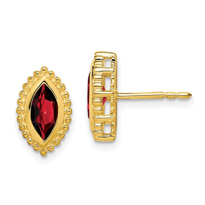 Massiv 14K Gelbgold Marquise Synthetisch Granat Ohrstecker