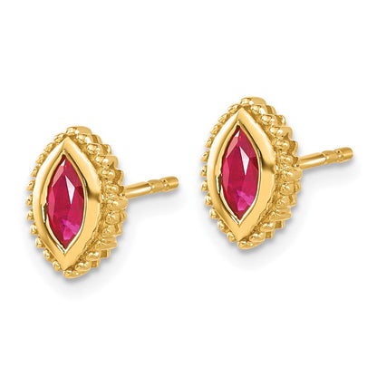 Massiv 14K Gelbgold Marquise Synthetisch Rubin Ohrstecker