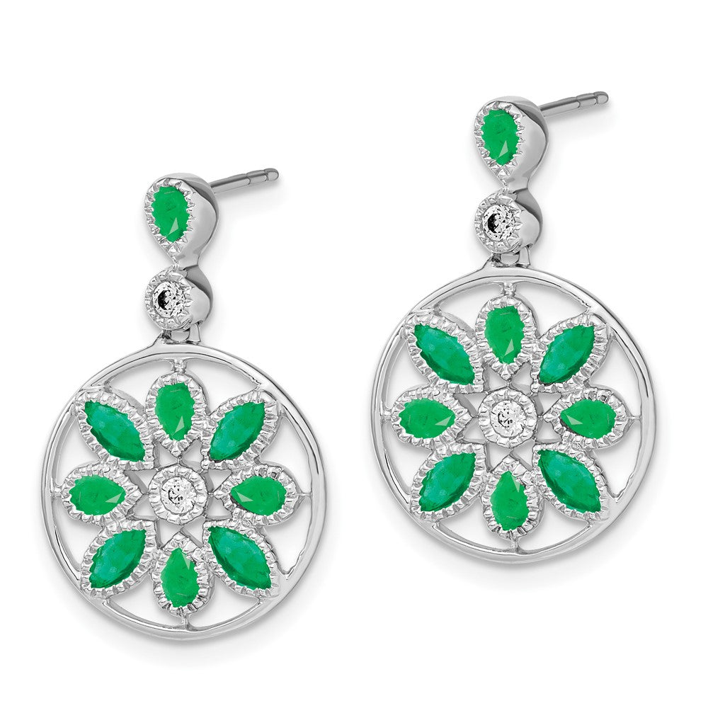 14K Weißgold Ohrhänger mit Smaragd und echten Diamanten, Blumendesign