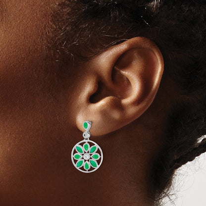 14K Weißgold Ohrhänger mit Smaragd und echten Diamanten, Blumendesign