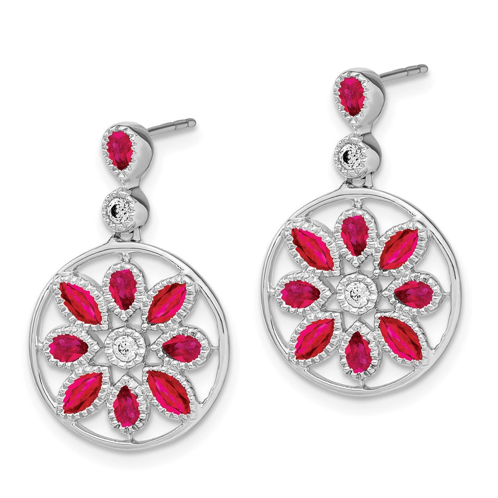 14K Weißgold Ohrhänger mit Rubin und echten Diamanten im Blumen-Design
