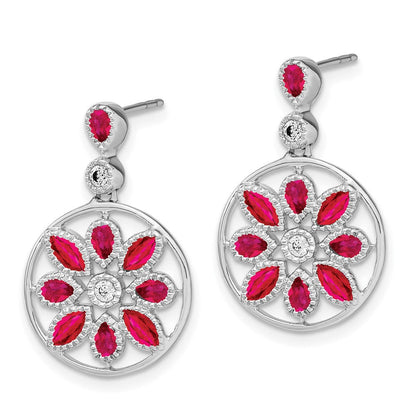 14K Weißgold Ohrhänger mit Rubin und echten Diamanten im Blumen-Design