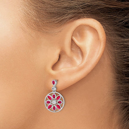 14K Weißgold Ohrhänger mit Rubin und echten Diamanten im Blumen-Design