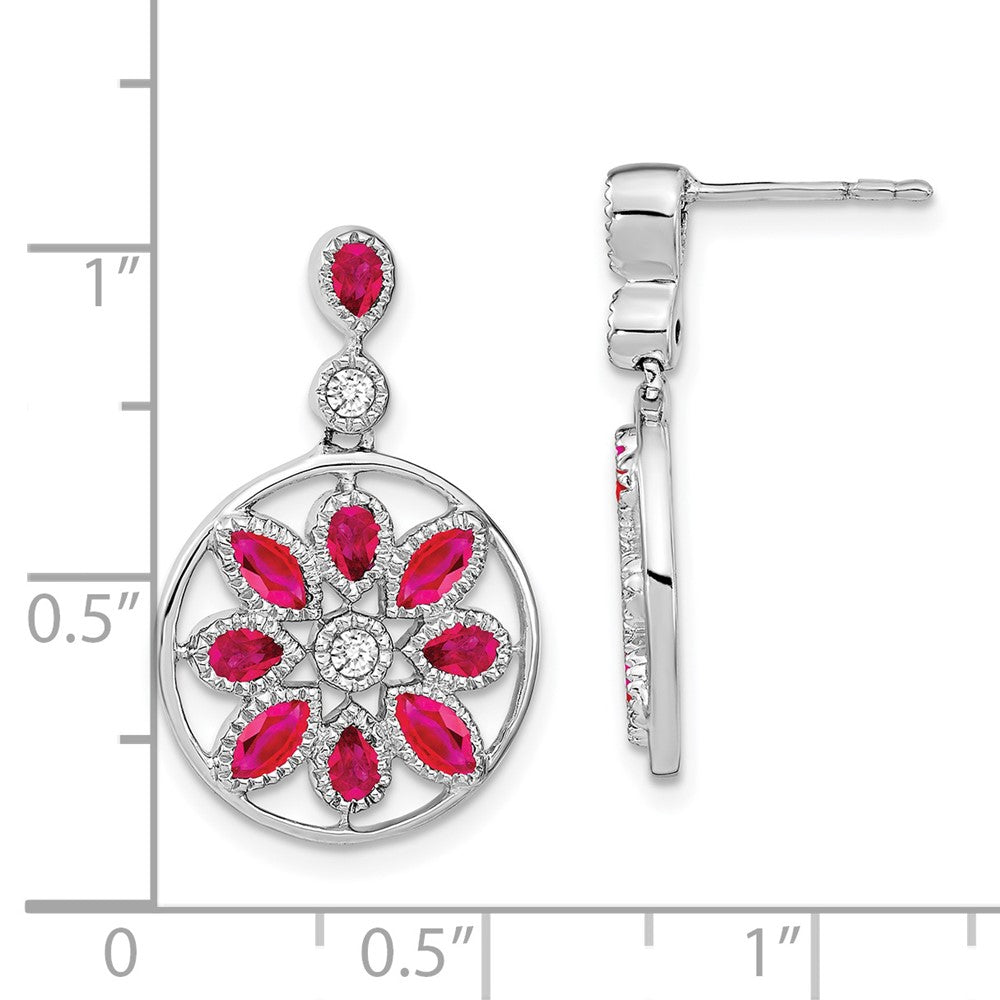 14K Weißgold Ohrhänger mit Rubin und echten Diamanten im Blumen-Design