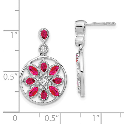 14K Weißgold Ohrhänger mit Rubin und echten Diamanten im Blumen-Design