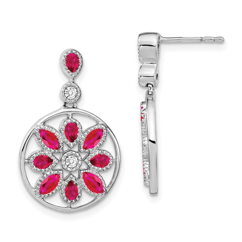 14K Weißgold Ohrhänger mit Rubin und echten Diamanten im Blumen-Design