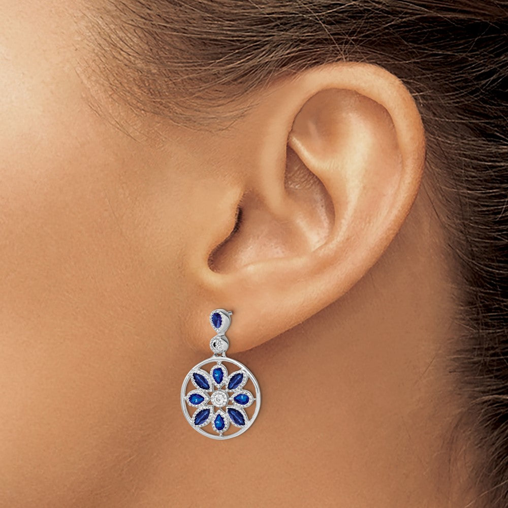 14K Weißgold Ohrhänger mit Saphir und echten Diamanten, Blumen-Design