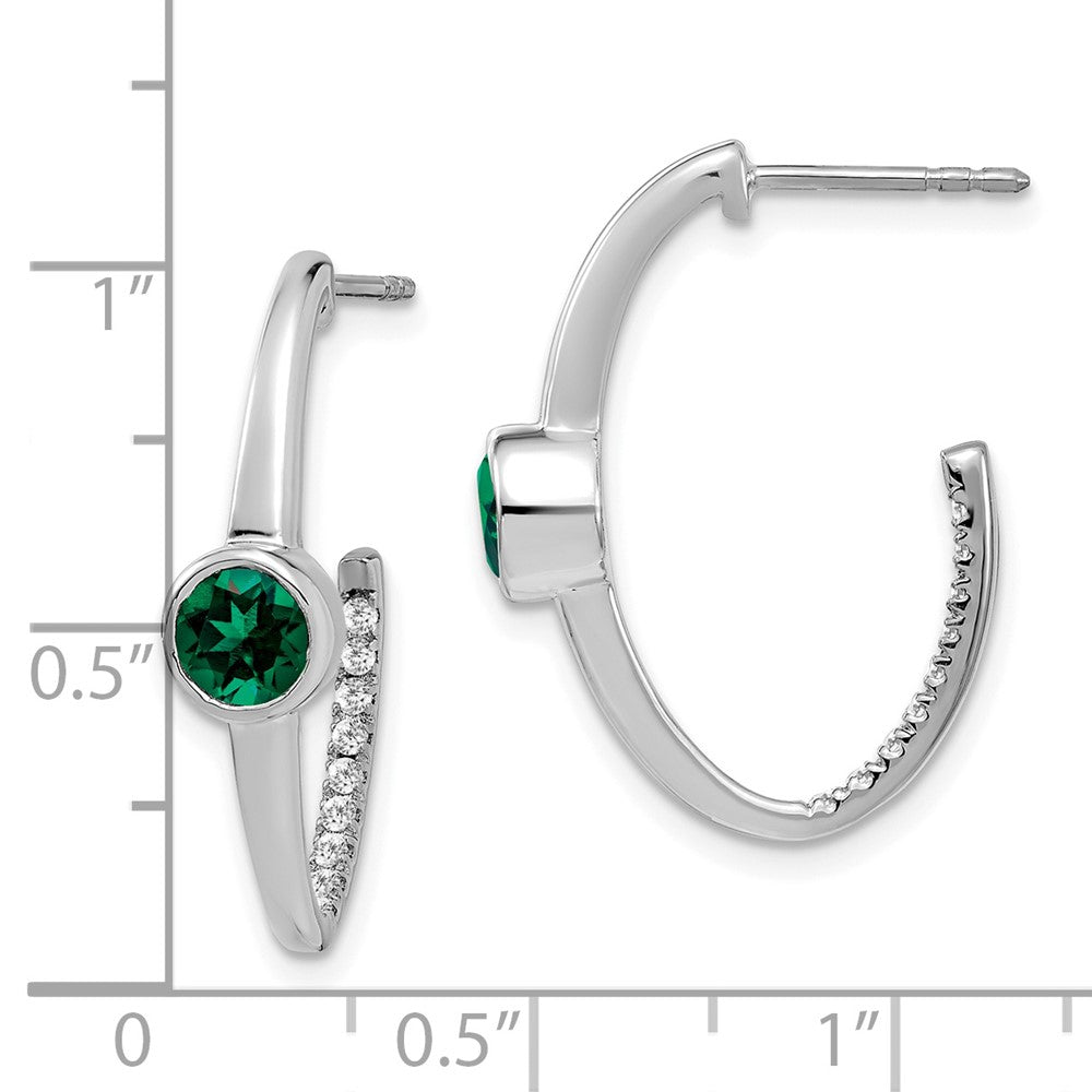 14K Weißgold Ohrringe mit synthetischem Smaragd und echtem Diamant, J-Creolen