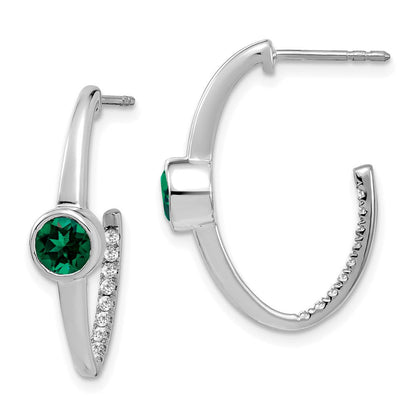 14K Weißgold Ohrringe mit synthetischem Smaragd und echtem Diamant, J-Creolen