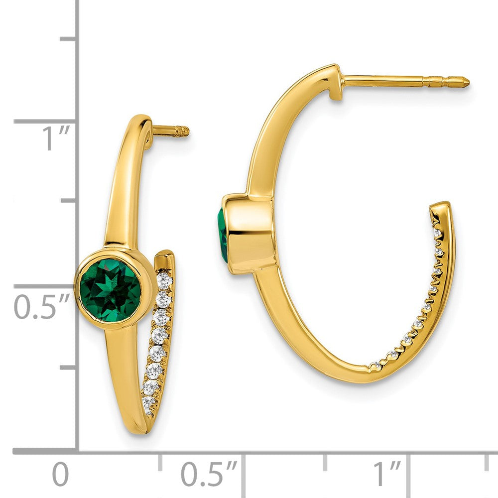 14K Gelbgold Ohrringe mit synthetischem Smaragd und echten Diamanten, J-Creolen