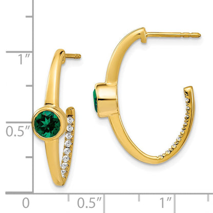 14K Gelbgold Ohrringe mit synthetischem Smaragd und echten Diamanten, J-Creolen