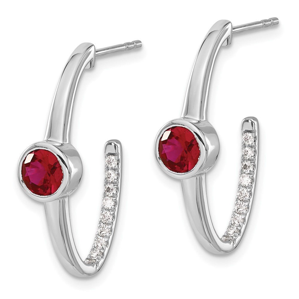 14K Weißgold Ohrringe mit Créé Rubin und echten Diamanten, J-Creolen