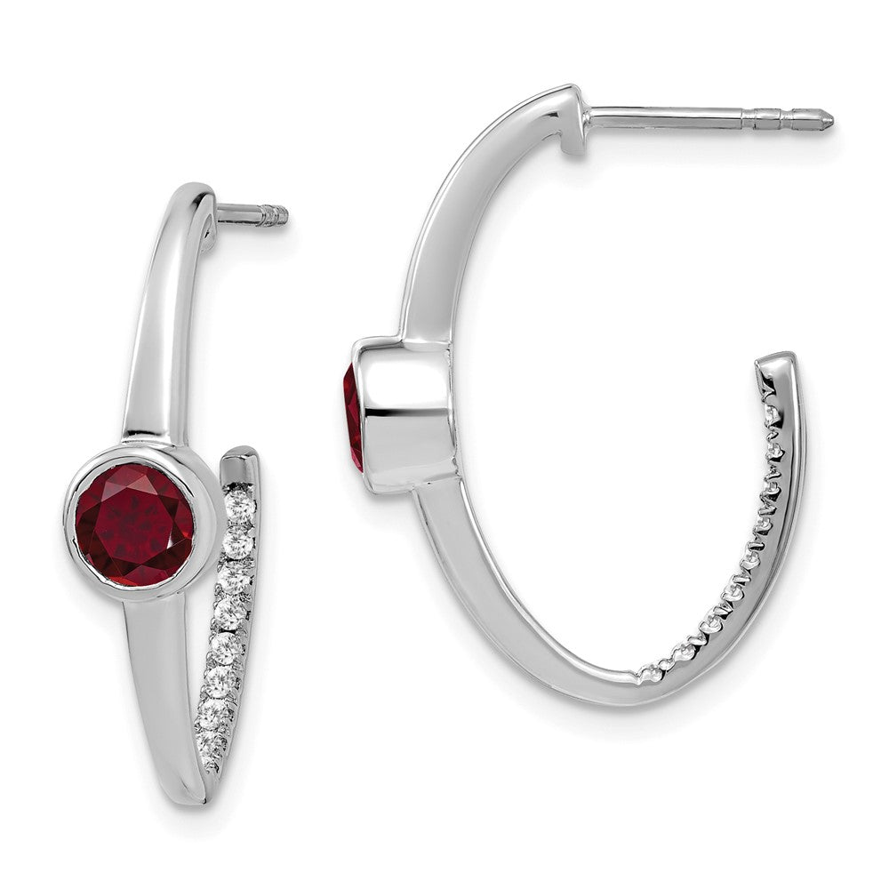 14K Weißgold Ohrringe mit Créé Rubin und echten Diamanten, J-Creolen