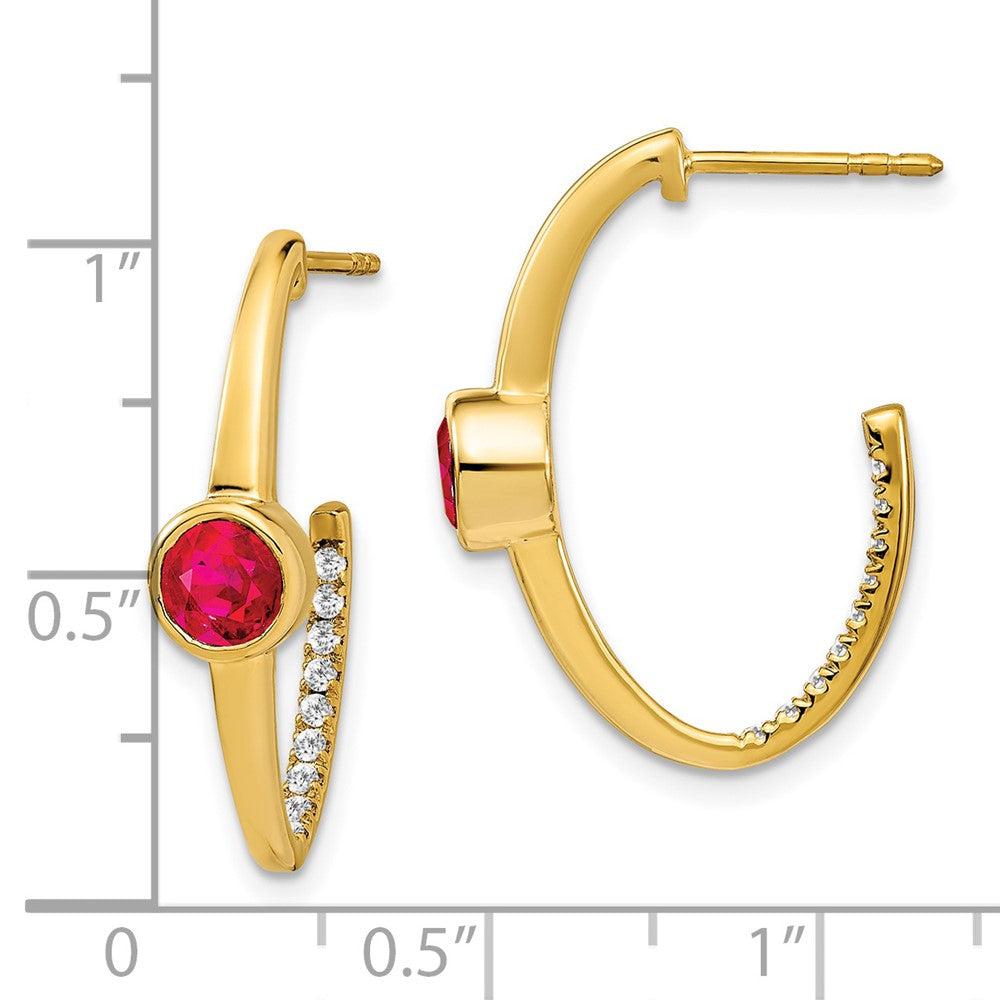14K Gelbgold Creole-Ohrringe mit synthetischem Rubin und echten Diamanten