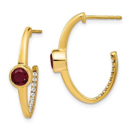 14K Gelbgold Creole-Ohrringe mit synthetischem Rubin und echten Diamanten