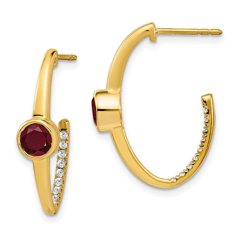 14K Gelbgold Creole-Ohrringe mit synthetischem Rubin und echten Diamanten