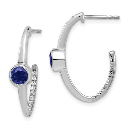 14K Weißgold J-Creolen mit synthetischem Saphir und echtem Diamant