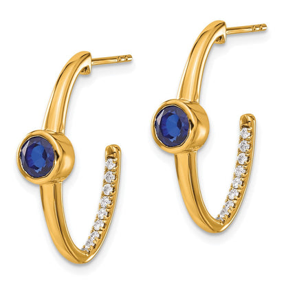 14K Gelbgold Ohrringe mit gezüchtetem Saphir und echten Diamanten, J-Creolen
