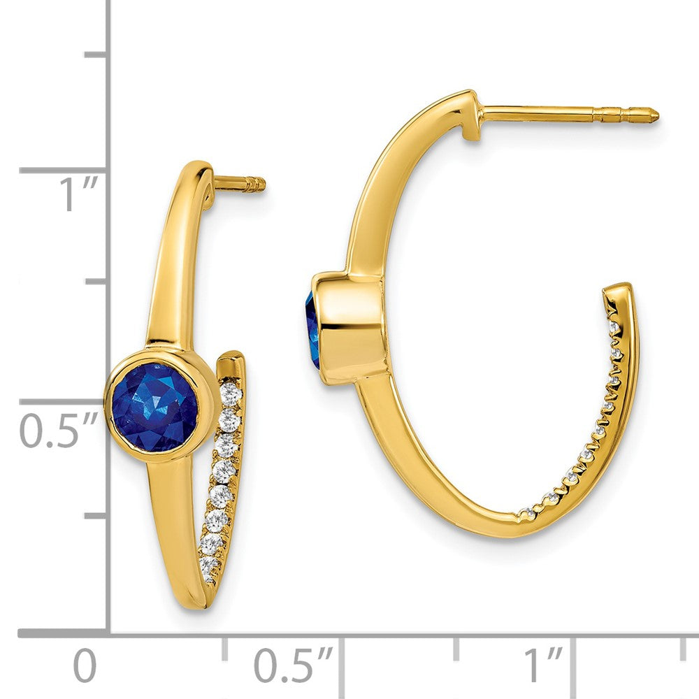 14K Gelbgold Ohrringe mit gezüchtetem Saphir und echten Diamanten, J-Creolen