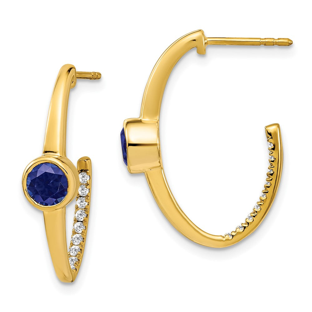 14K Gelbgold Ohrringe mit gezüchtetem Saphir und echten Diamanten, J-Creolen